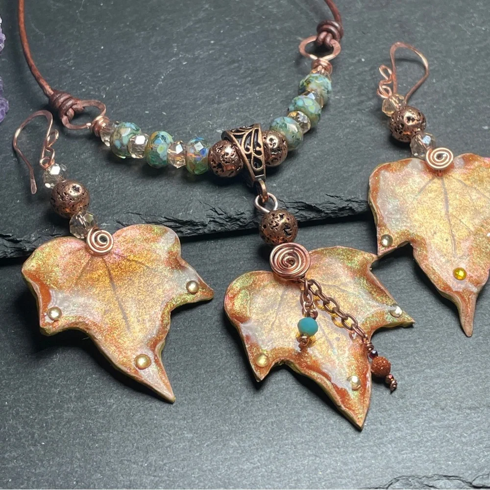 Autumn Leaf Jewelry Set Fairycore Earrings And Pendant | Artisan Jewelry